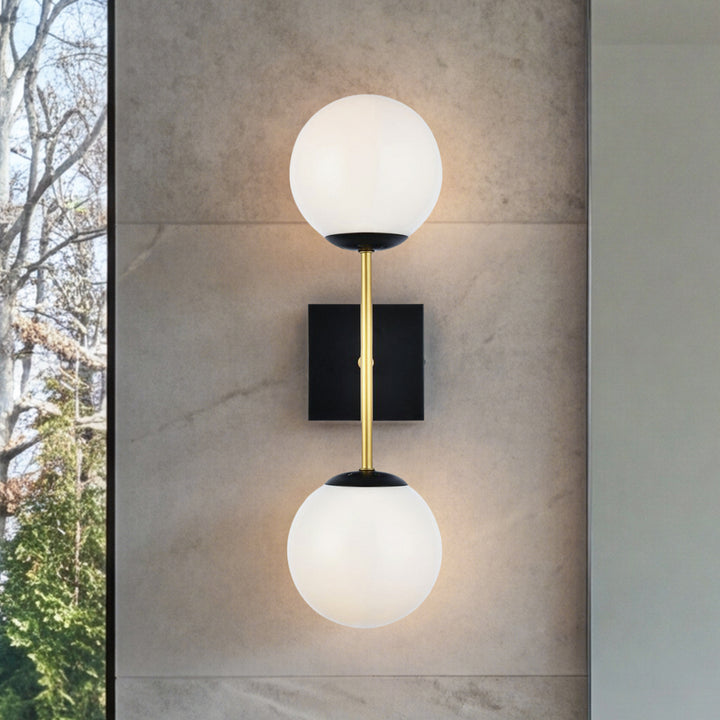2 Lights Black And Brass And White Glass Wall Sconce Black And Brass And White Finish - LIGHTING by Joshua Marshal