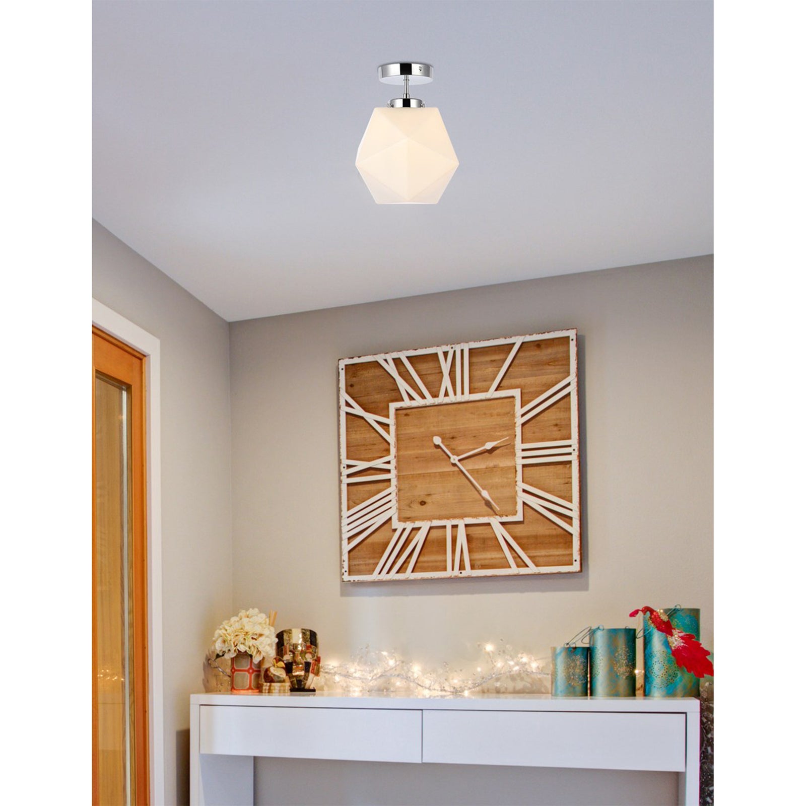 1 Light Chrome And White Glass Flush Mount - View 2 - Joshua Marshal