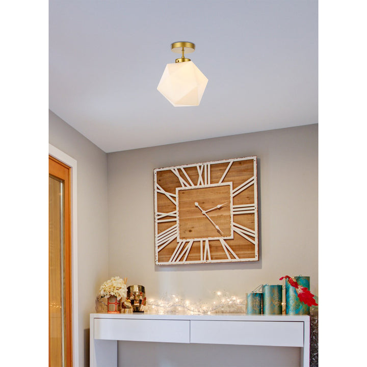 1 Light Brass And White Glass Flush Mount - View 2 - Joshua Marshal