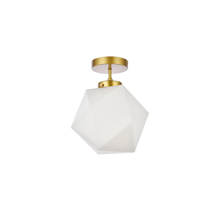 1 Light Brass And White Glass Flush Mount - View 3 - Joshua Marshal
