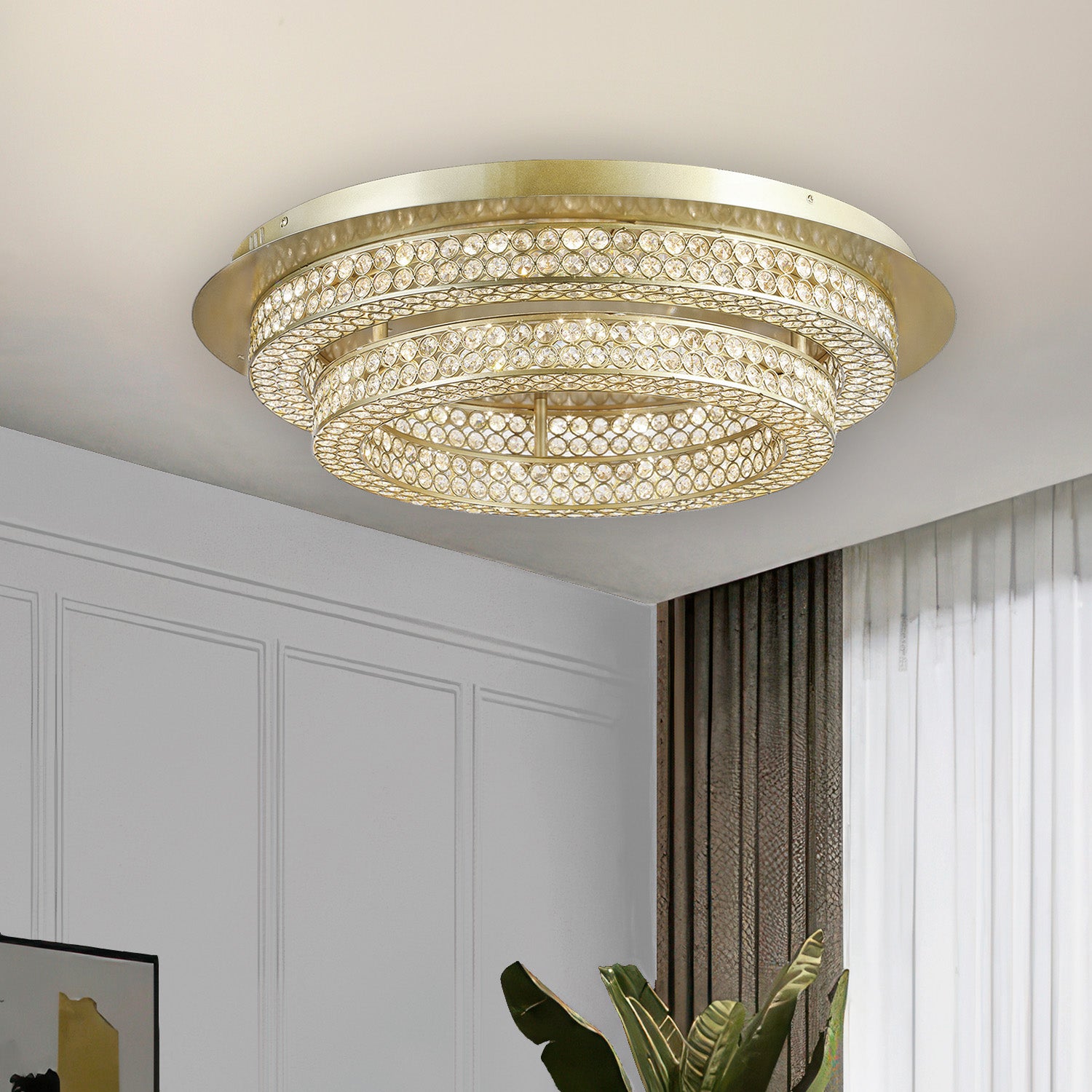 Engaged 26in LED Satin Gold Flush Mount Ceiling Light with Clear Crystals 39016BCSB