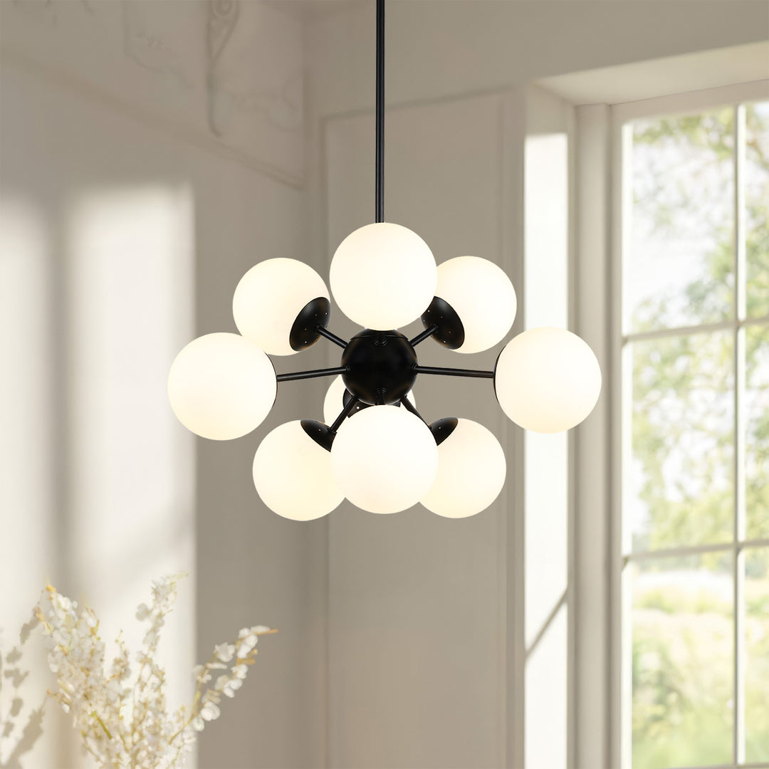 Limited Edition 24" Matte Black 9 Light Sputnik Pendant Chandelier White Globes MX5166/9/MB