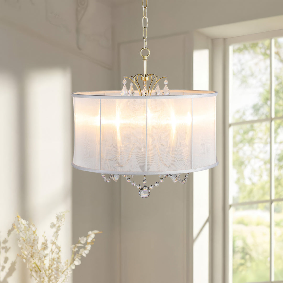 Shaded Light Design 20" Satin Gold Crystal Chandelier 5 Lights White Drum Shade VNA-205-SB/WH