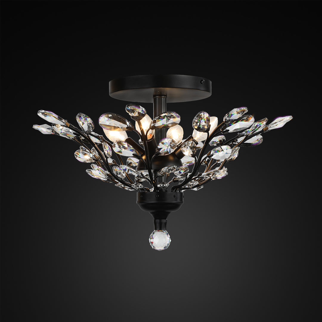 Branch of Light Matte Black 21in Flush Ceiling Mount Chandelier Clear Crystals MX42054/4/MB/CL