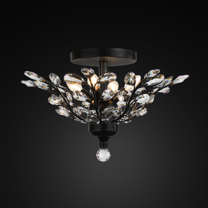 Branch of Light Matte Black 21in Flush Ceiling Mount Chandelier Clear Crystals MX42054/4/MB/CL