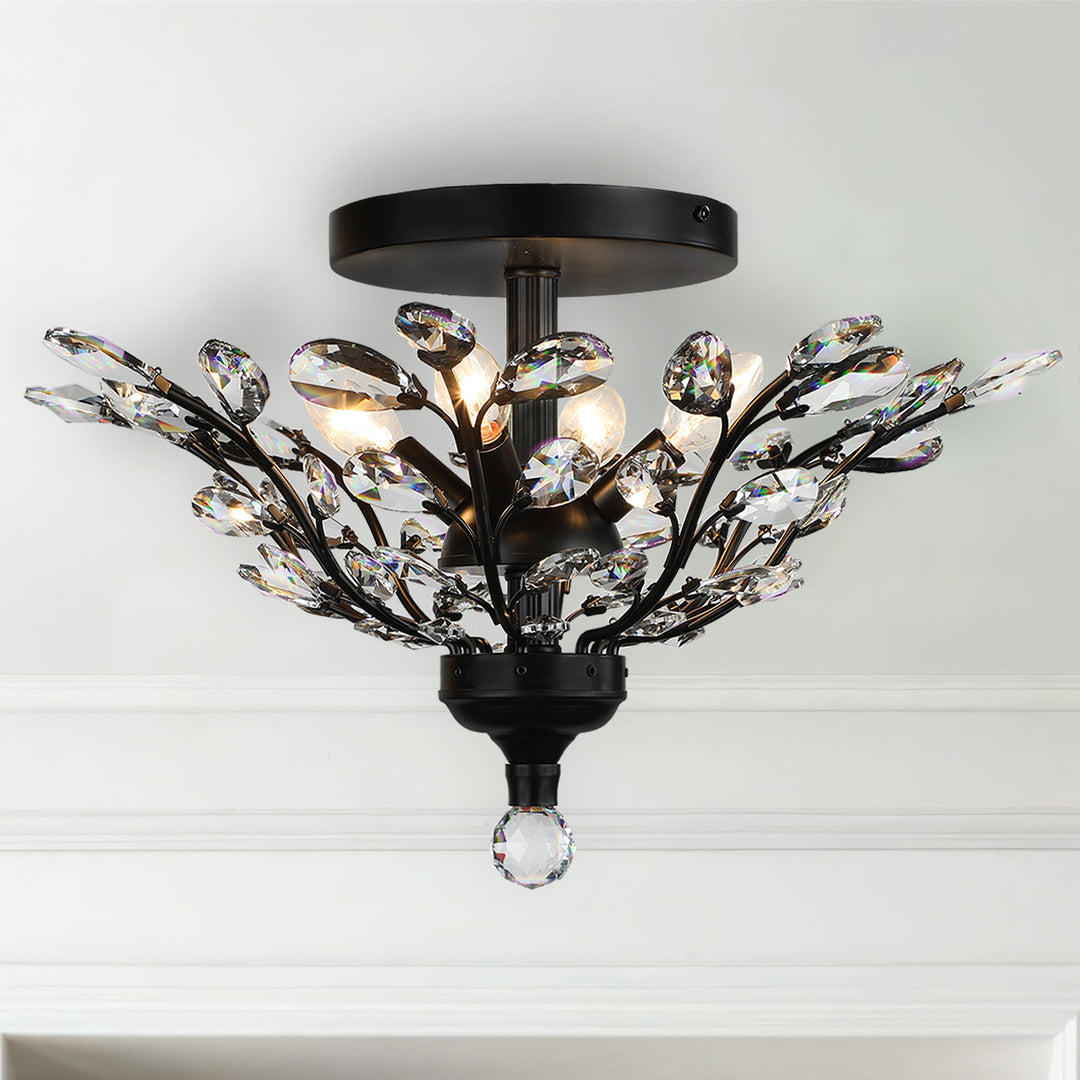 Branch of Light Matte Black 21in Flush Ceiling Mount Chandelier Clear Crystals MX42054/4/MB/CL