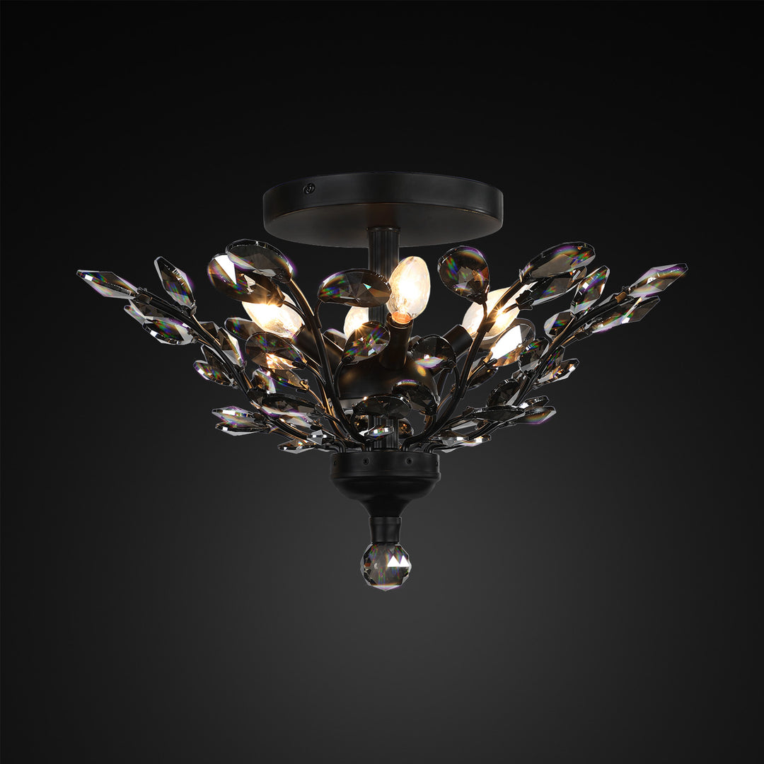 Branch of Light Matte Black 21in Flush Ceiling Mount Chandelier Smoke Crystals MX42054/4/MB/SM