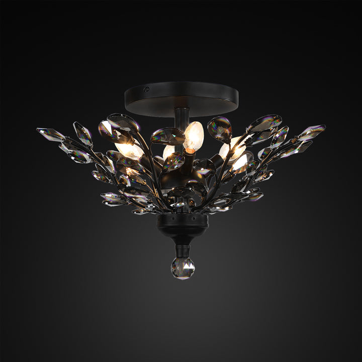 Branch of Light Matte Black 21in Flush Ceiling Mount Chandelier Smoke Crystals MX42054/4/MB/SM