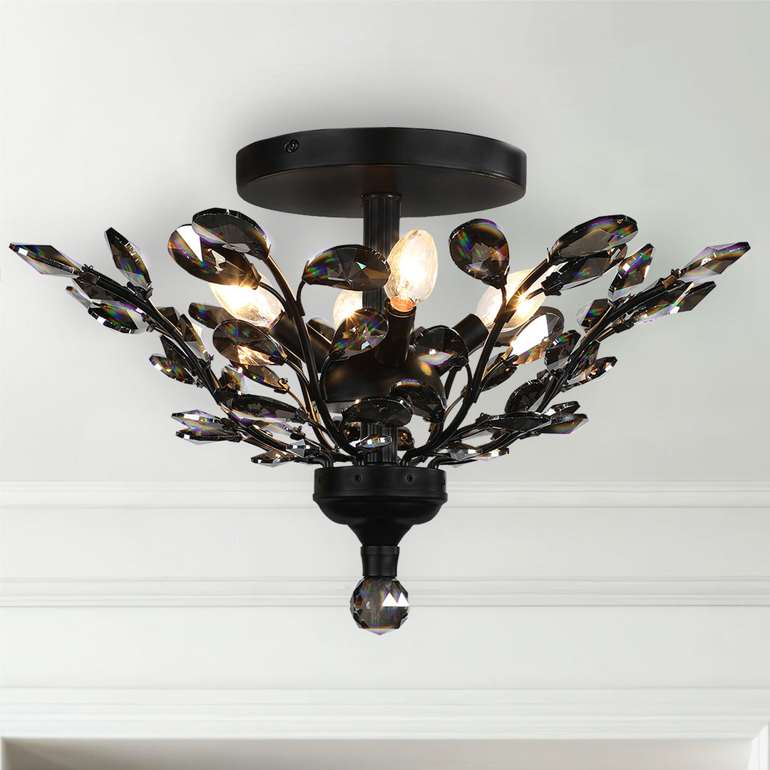 Branch of Light Matte Black 21in Flush Ceiling Mount Chandelier Smoke Crystals MX42054/4/MB/SM