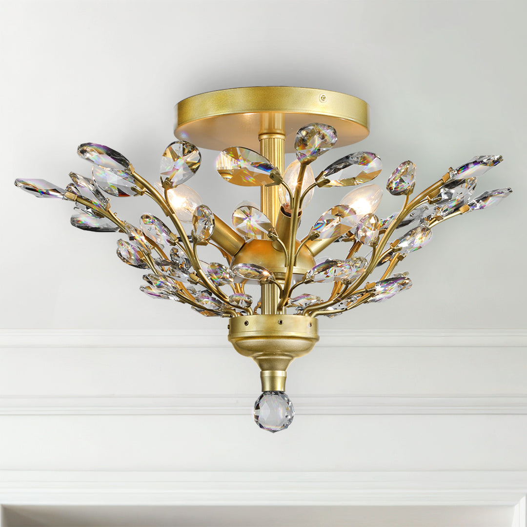 Branch of Light Satin Gold 21in Flush Ceiling Mount Chandelier Clear Crystals MX42054/4/SG/CL