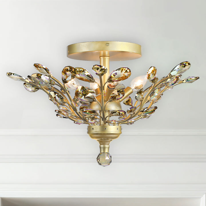 Branch of Light Satin Gold 21" Flush Ceiling Mount 4 Light Golden Teak Crystals MX42054/4/SG/GT
