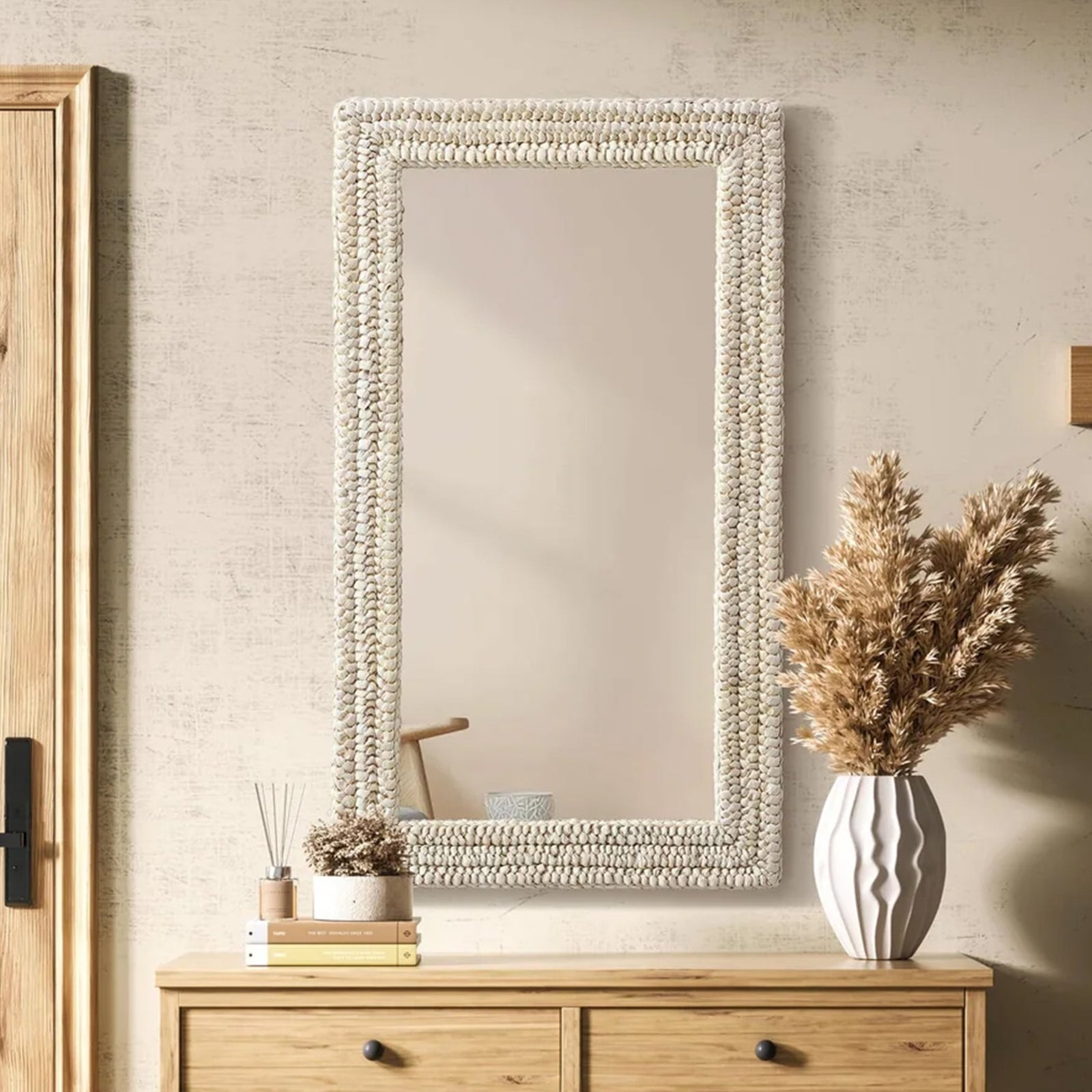 Rectangle Cornhusk Mirror 24X42 In Linen White Linen White Finish - DECOR by Joshua Marshal