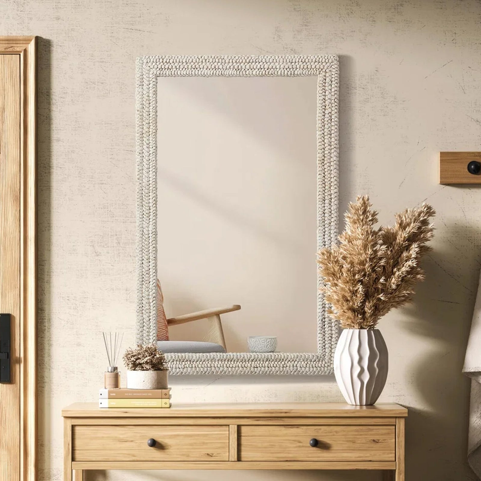 Rectangle Cornhusk Mirror 35X55 In Linen White Linen White Finish - DECOR by Joshua Marshal
