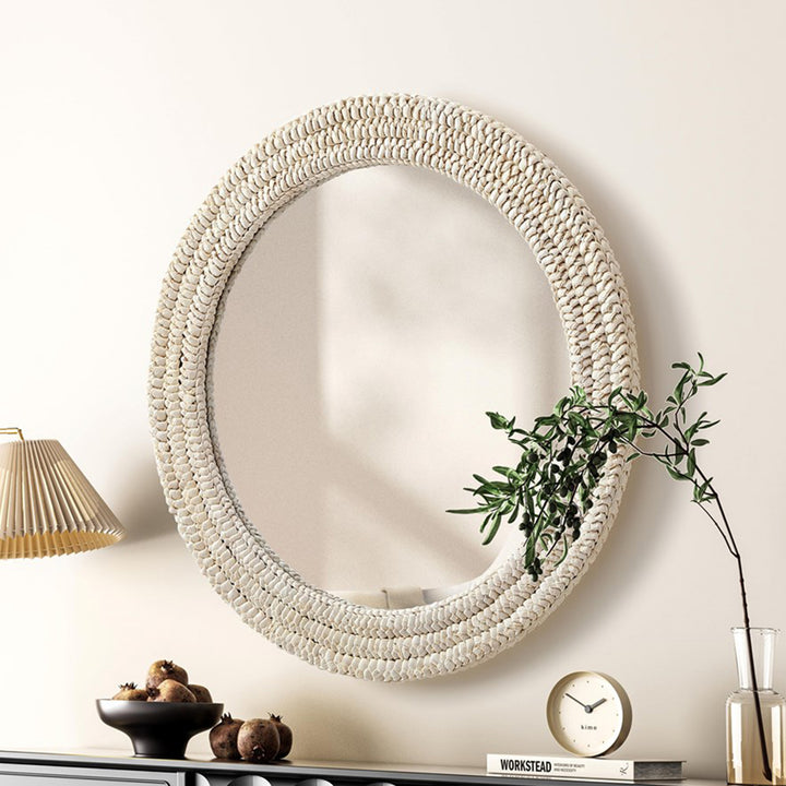 Round Cornhusk Mirror 30X30 In Linen White Linen White Finish - DECOR by Joshua Marshal