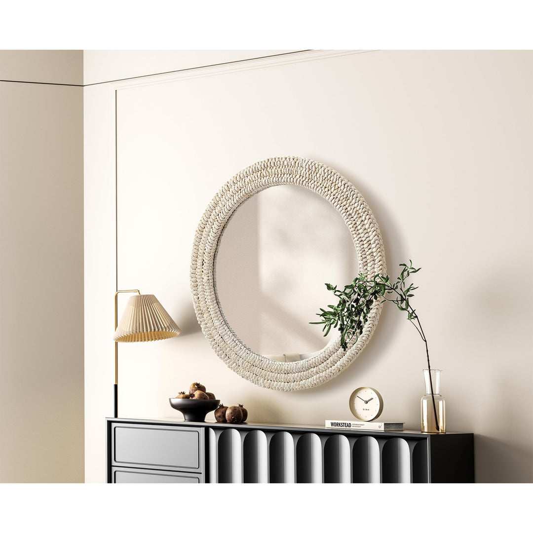 Round Cornhusk Mirror 30X30 In Linen White - View 2 - Joshua Marshal