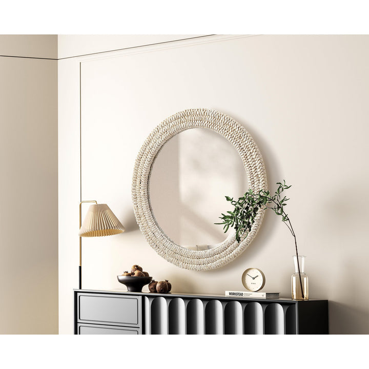 Round Cornhusk Mirror 30X30 In Linen White - View 2 - Joshua Marshal