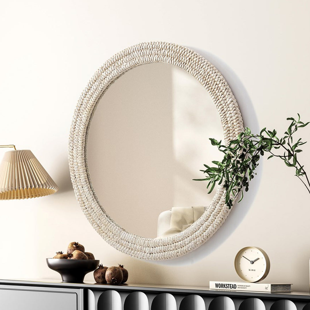 Round Cornhusk Mirror 36X36 In Linen White Linen White Finish - DECOR by Joshua Marshal