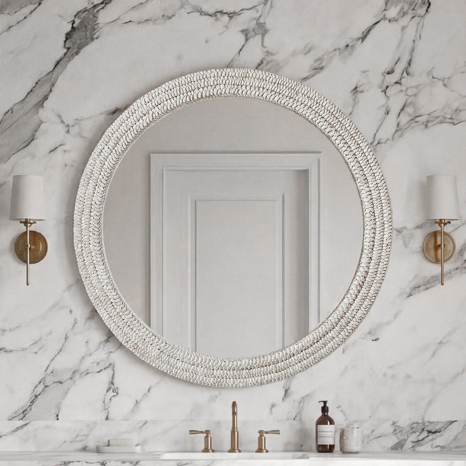 Round Cornhusk Mirror 42X42 In Linen White Linen White Finish - DECOR by Joshua Marshal