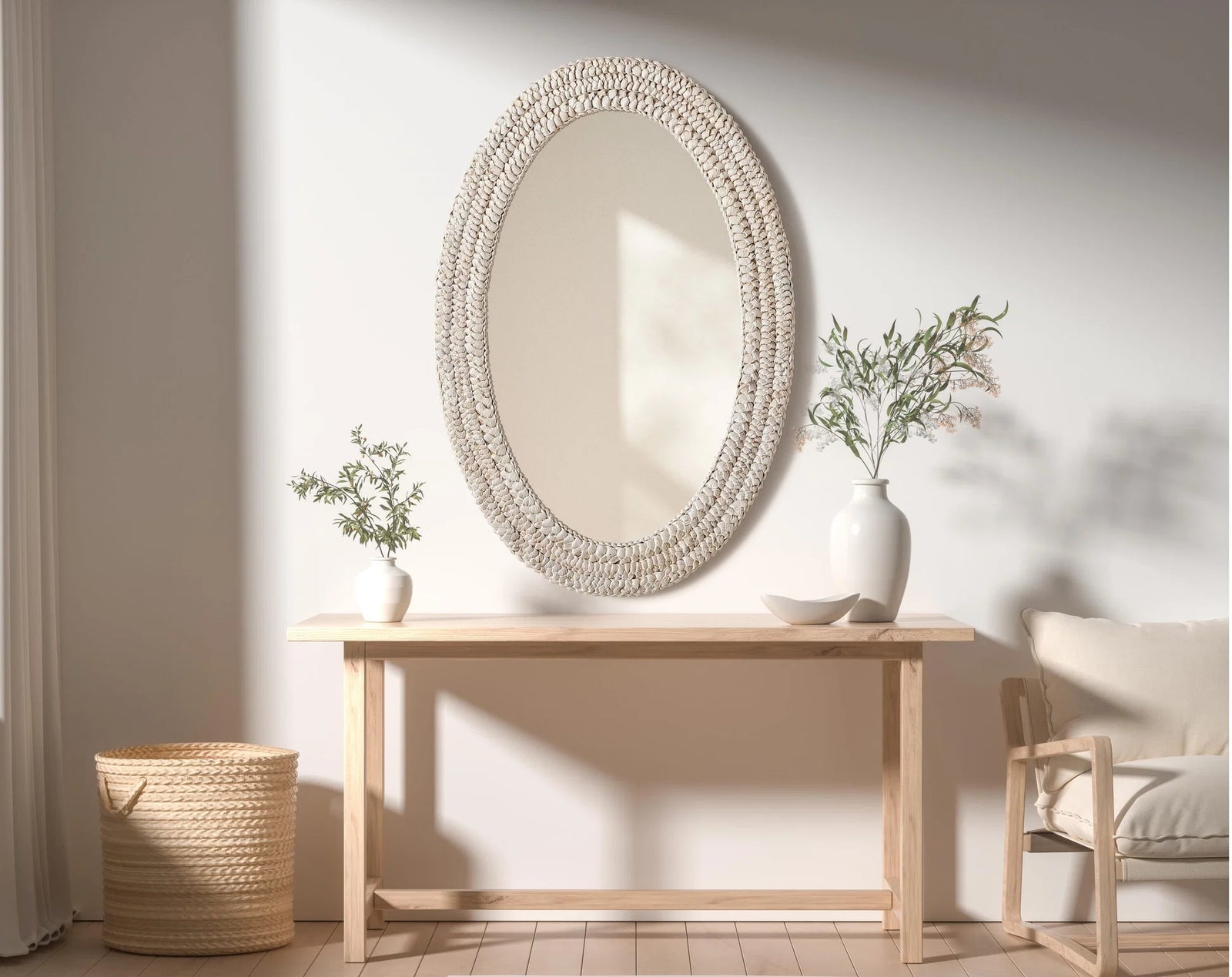Oval Cornhusk Mirror 24X36 In Linen White - View 2 - Joshua Marshal