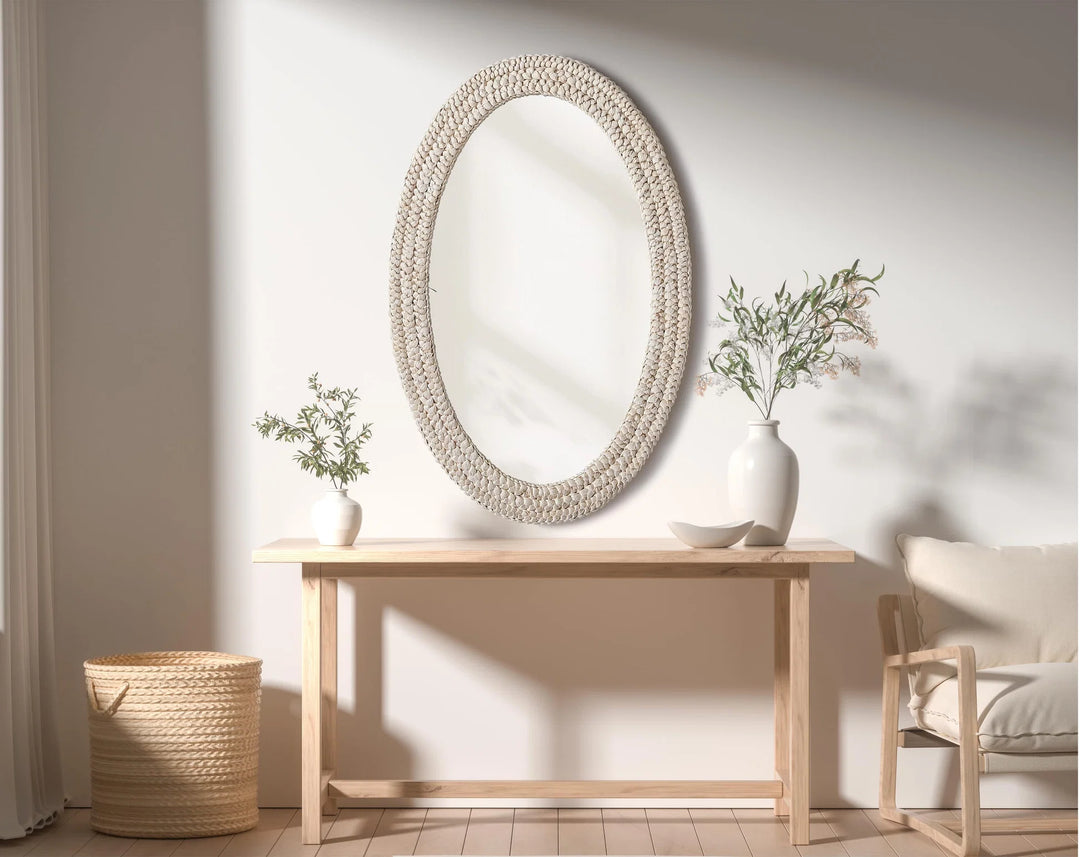Oval Cornhusk Mirror 27X42 In Linen White - View 2 - Joshua Marshal