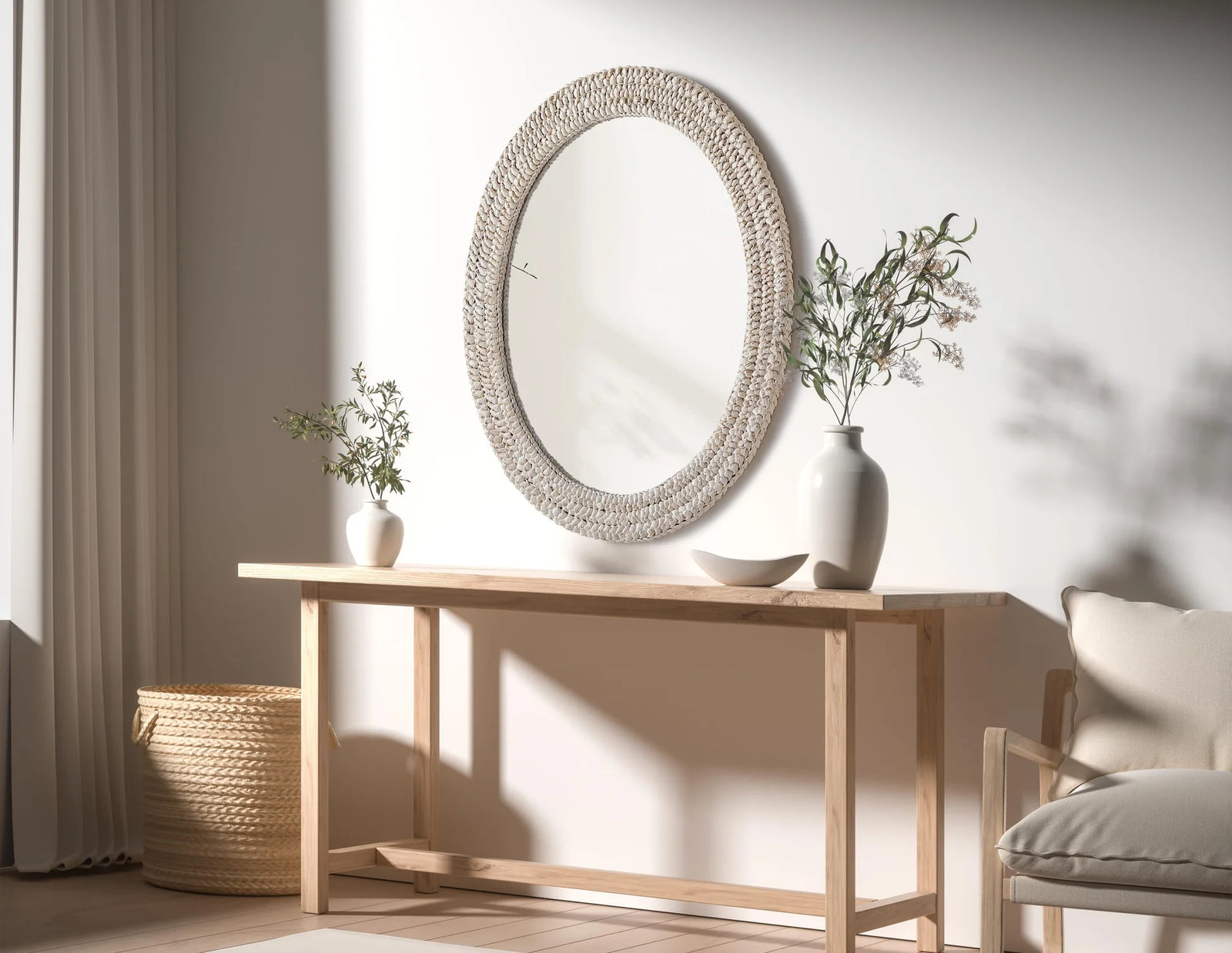 Oval Cornhusk Mirror 30X36 In Linen White - View 2 - Joshua Marshal