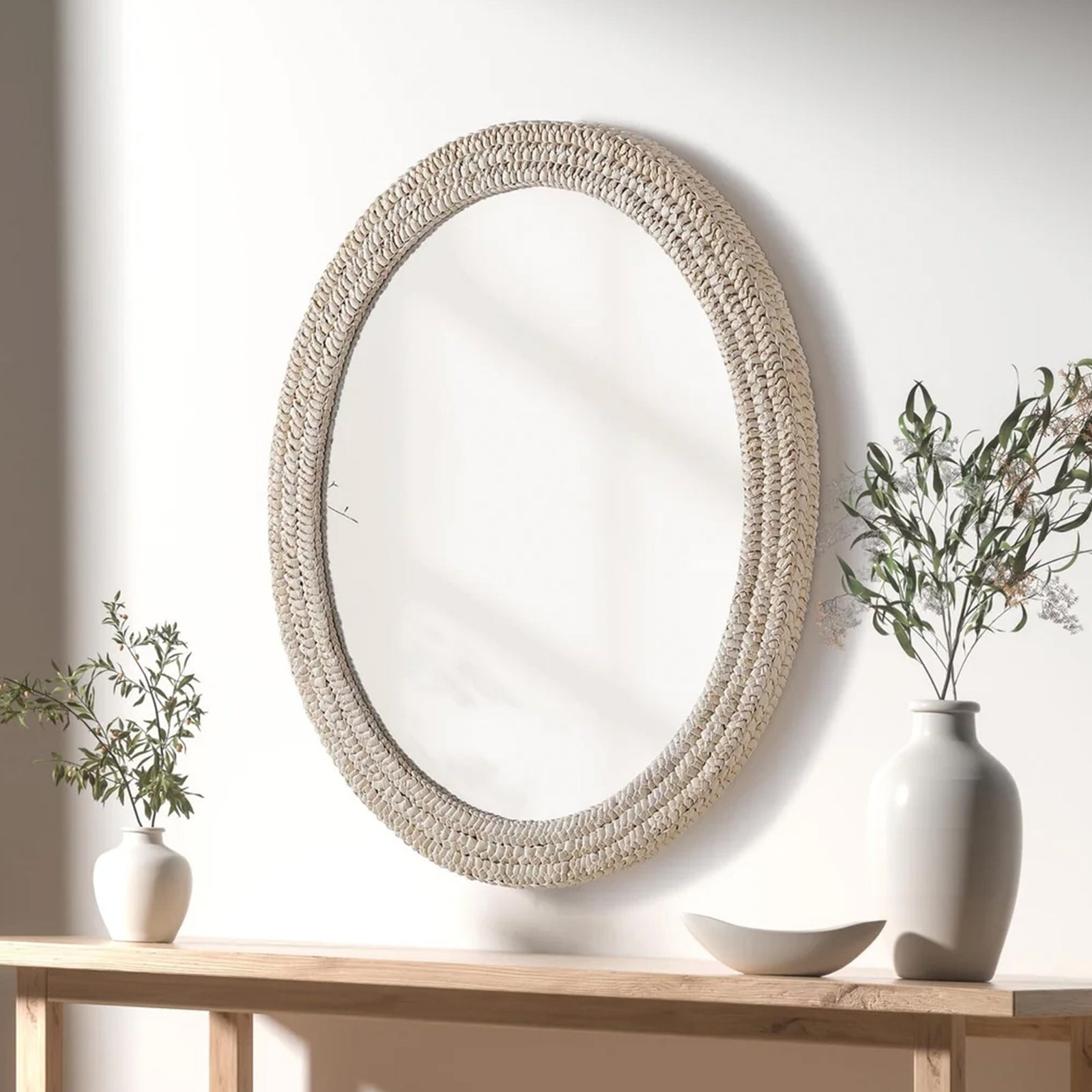 Oval Cornhusk Mirror 36X42 In Linen White Linen White Finish - DECOR by Joshua Marshal