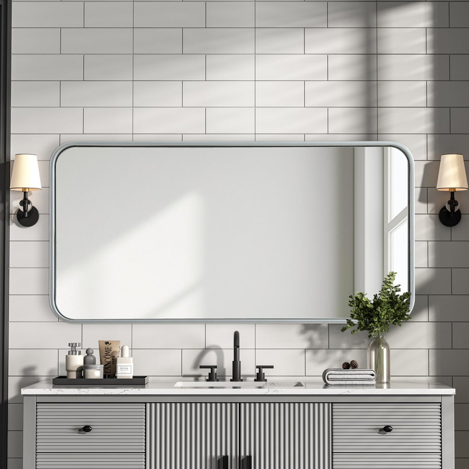 Contour Metal Rectangle Mirror 18X36 In Silver Silver Finish - DECOR by Joshua Marshal