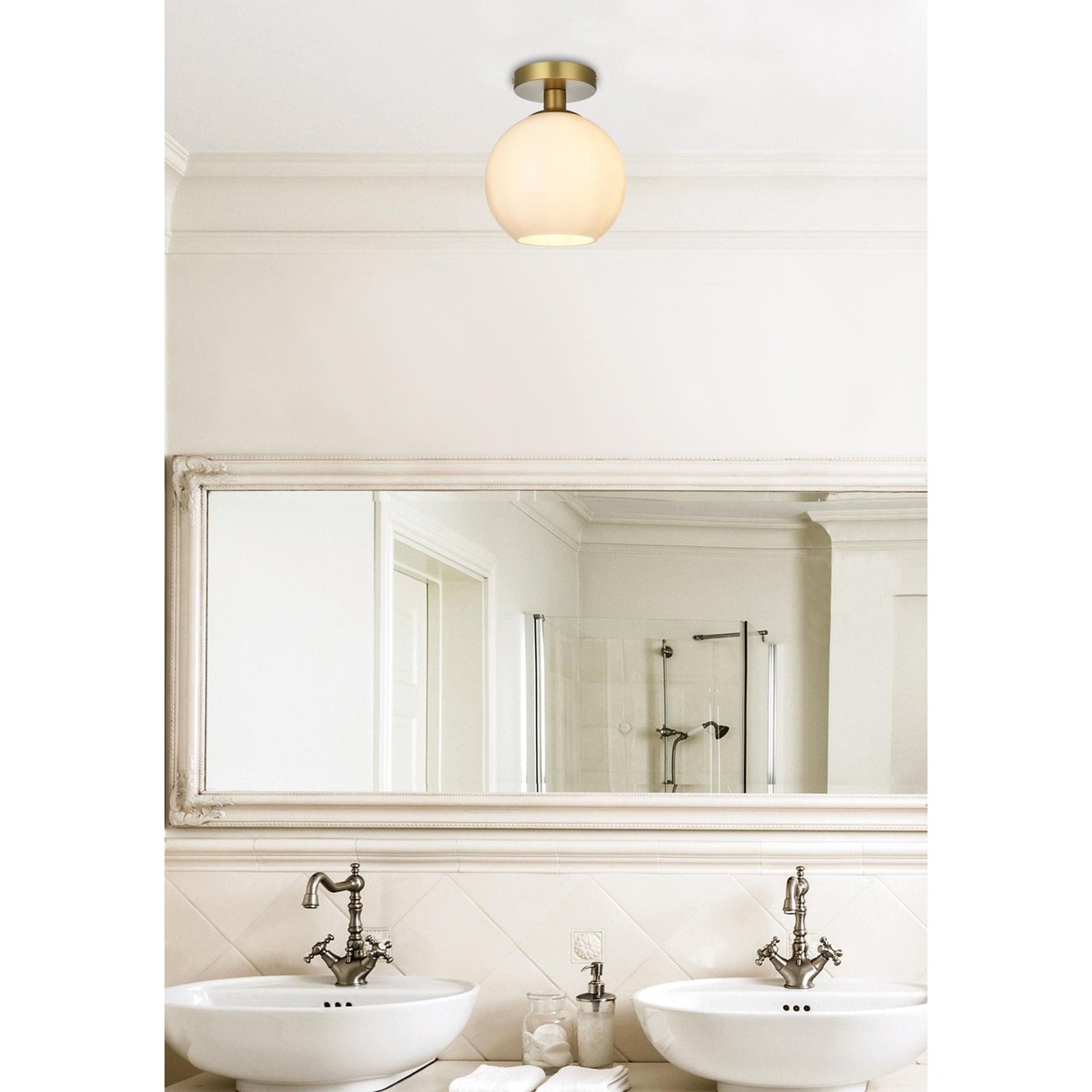 8 Inch Flush Mount Frosted White Shade In Satin Gold - View 2 - Joshua Marshal