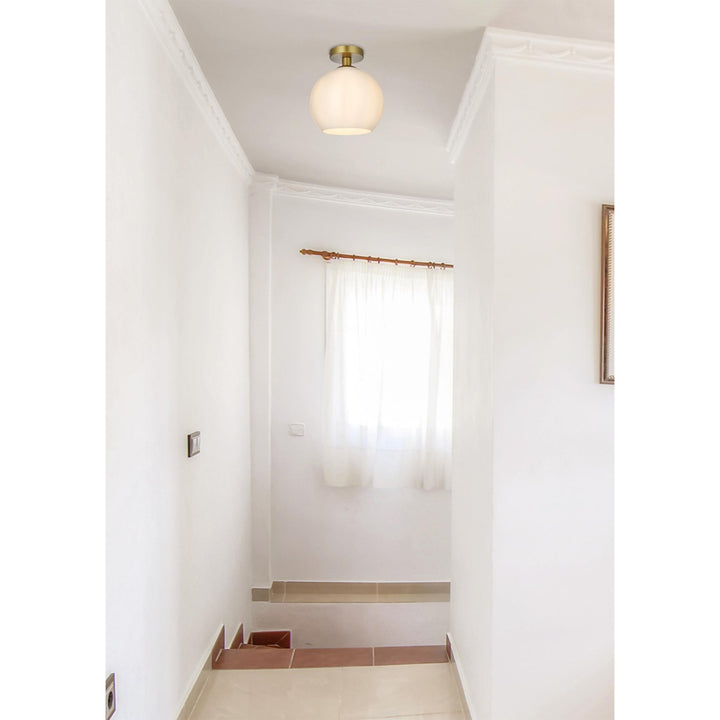10 Inch Flush Mount Frosted White Shade In Satin Gold - View 2 - Joshua Marshal