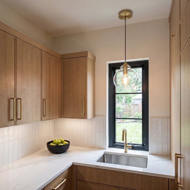 8 Inch Pendant Clear Shade In Satin Gold - View 2 - Joshua Marshal