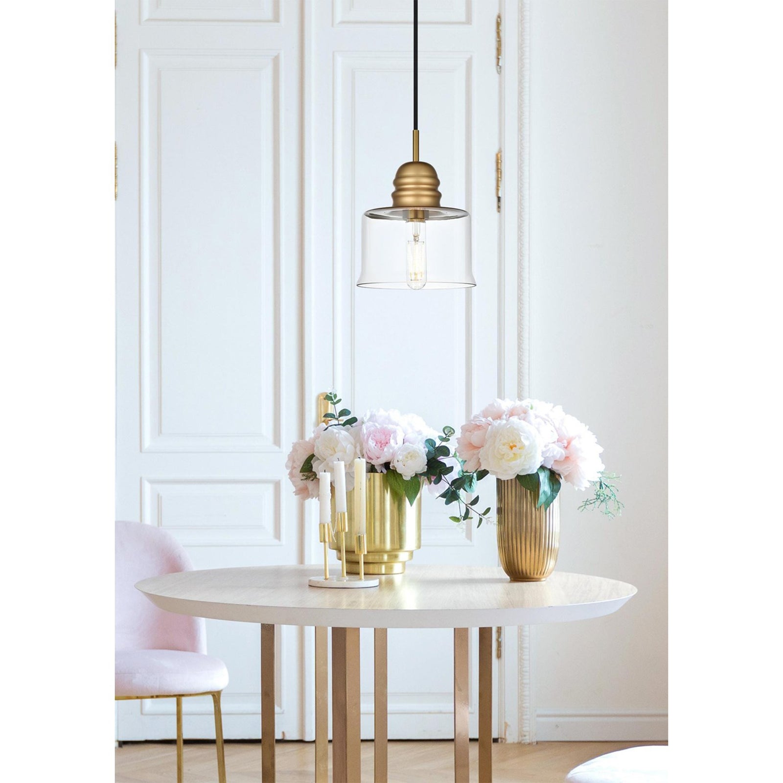 6.5 Inch Pendant Clear Shade In Satin Gold - View 2 - Joshua Marshal