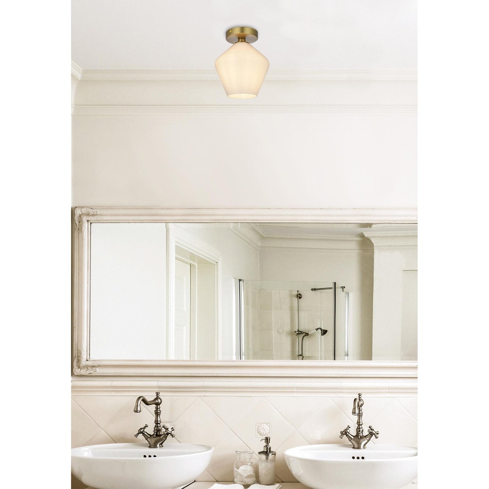 8 Inch Flush Mount Frosted White Shade In Satin Gold - View 2 - Joshua Marshal