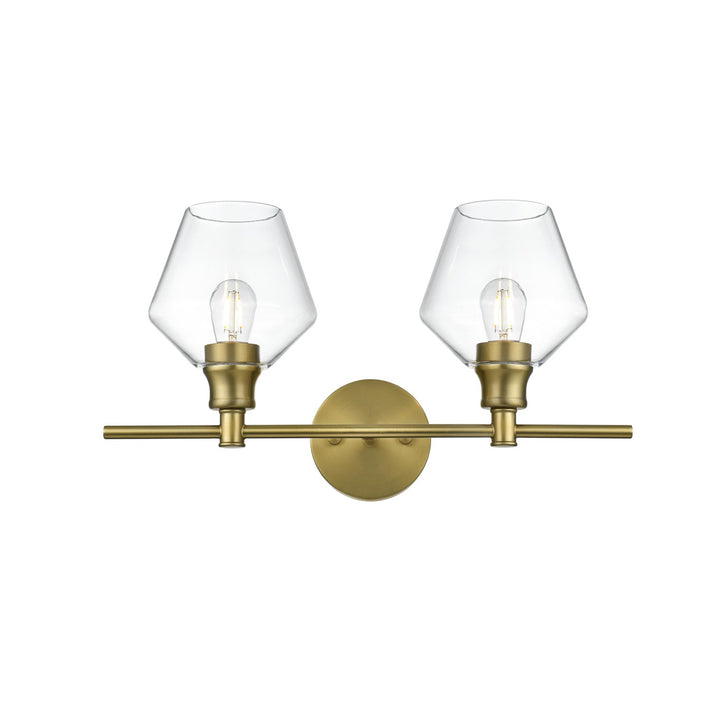 2 Light Satin Gold And Clear Glass Wall Sconce - View 3 - Joshua Marshal