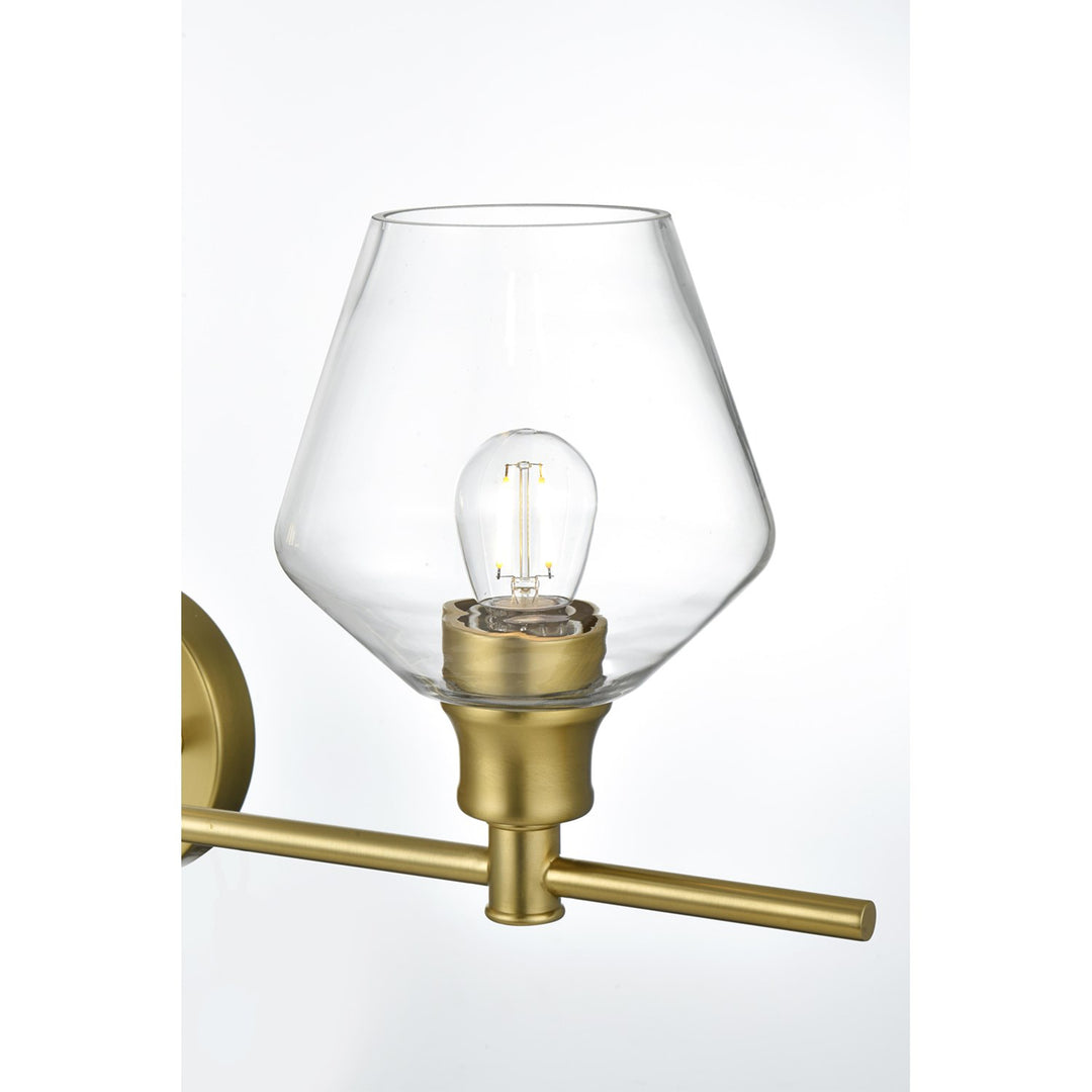 2 Light Satin Gold And Clear Glass Wall Sconce - View 5 - Joshua Marshal