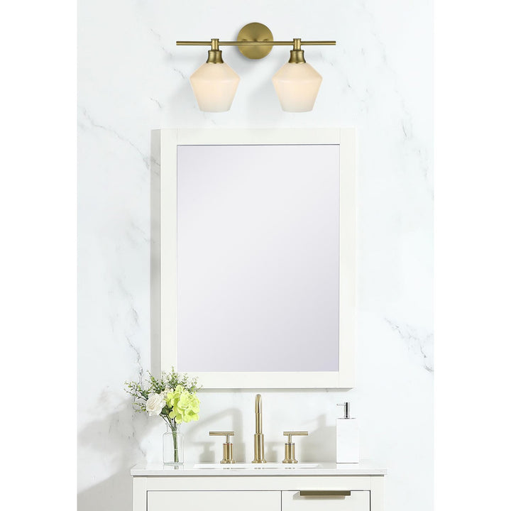 2 Light Satin Gold And Frosted White Glass Wall Sconce - View 2 - Joshua Marshal