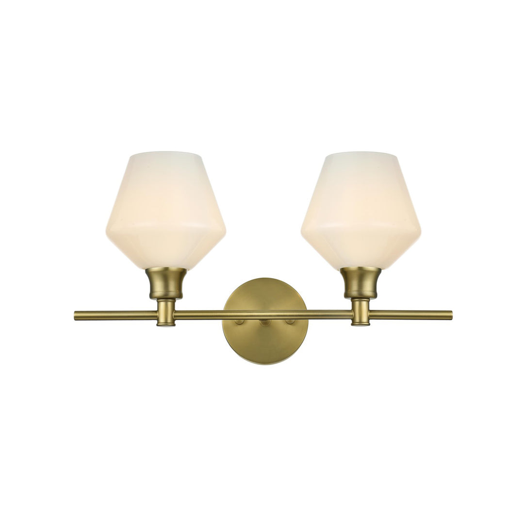 2 Light Satin Gold And Frosted White Glass Wall Sconce - View 3 - Joshua Marshal