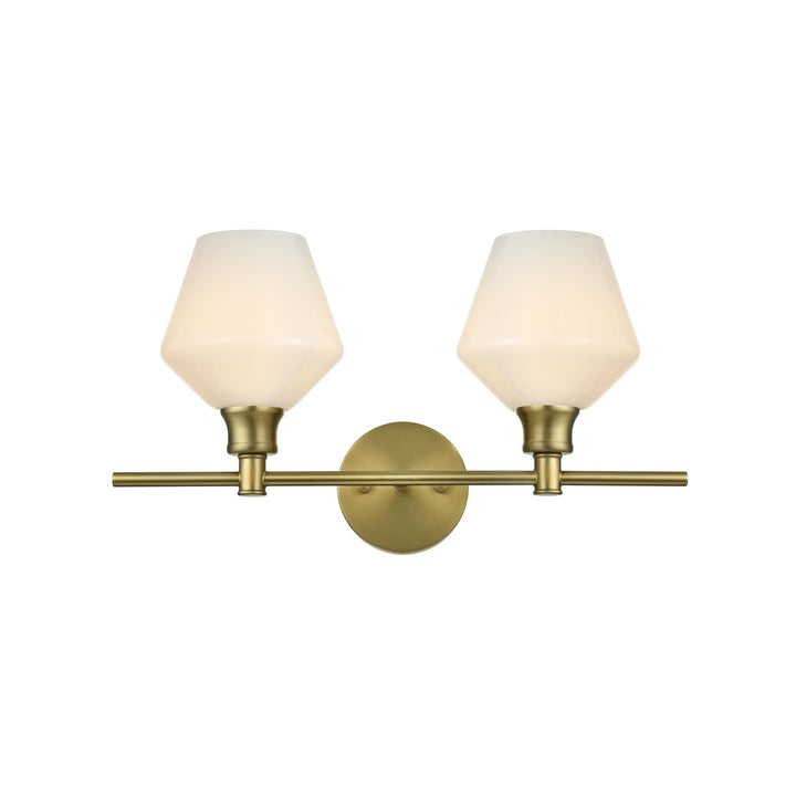 2 Light Satin Gold And Frosted White Glass Wall Sconce - View 3 - Joshua Marshal
