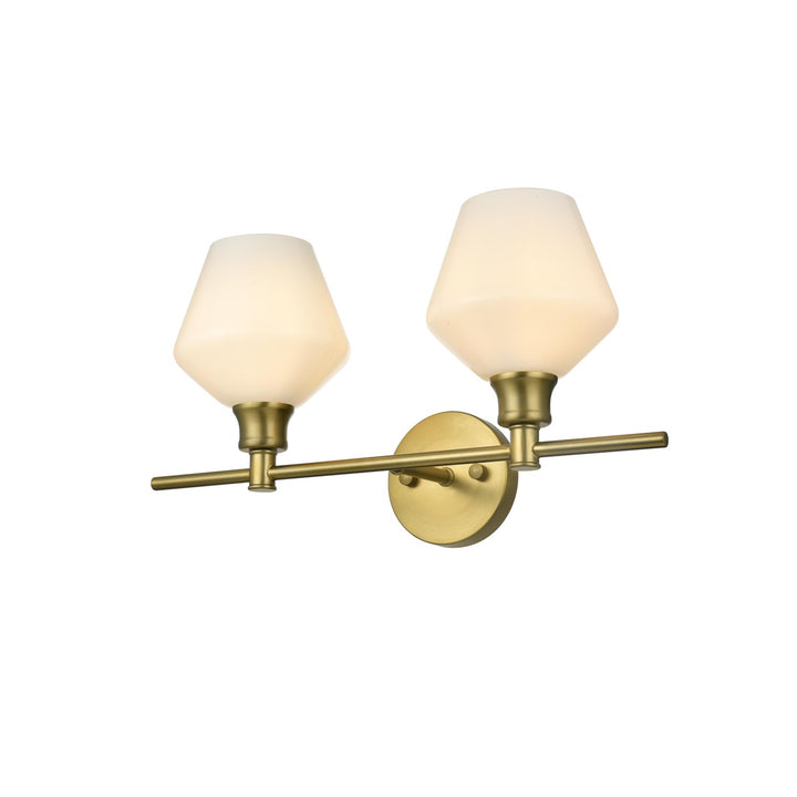 2 Light Satin Gold And Frosted White Glass Wall Sconce - View 4 - Joshua Marshal