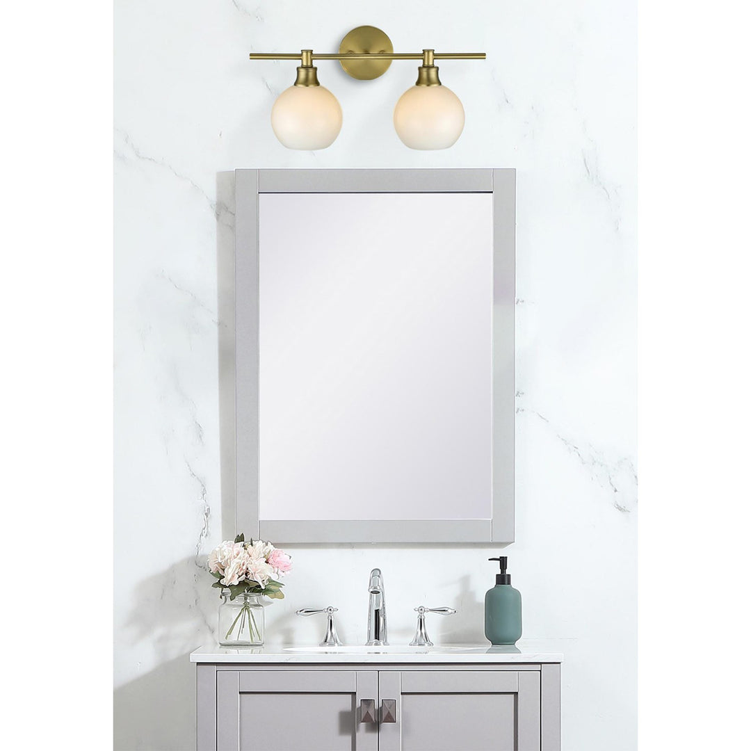 2 Light Satin Gold And Frosted White Glass Wall Sconce - View 2 - Joshua Marshal