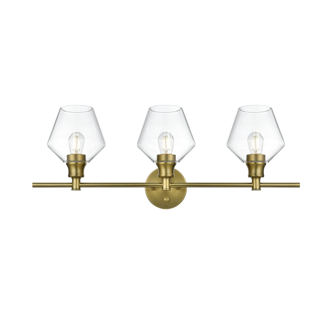 3 Light Satin Gold And Clear Glass Wall Sconce - View 3 - Joshua Marshal