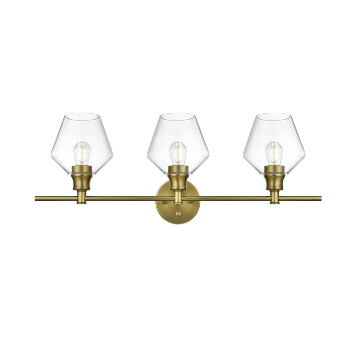 3 Light Satin Gold And Clear Glass Wall Sconce - View 3 - Joshua Marshal