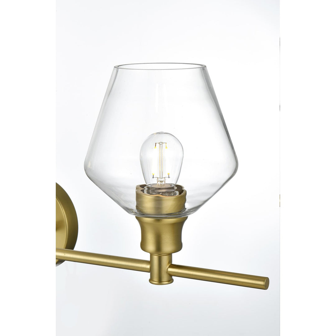 3 Light Satin Gold And Clear Glass Wall Sconce - View 5 - Joshua Marshal