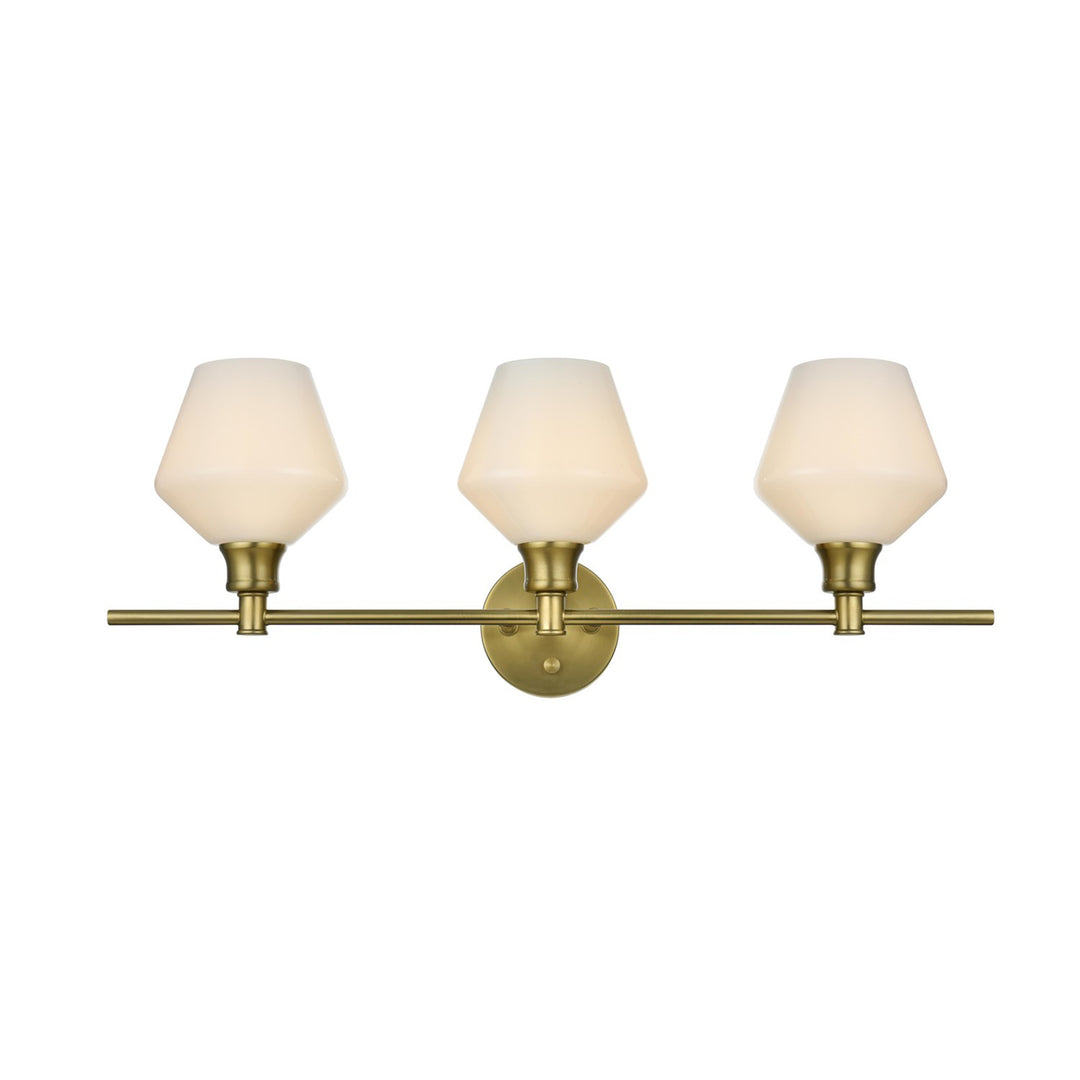 3 Light Satin Gold And Frosted White Glass Wall Sconce - View 3 - Joshua Marshal