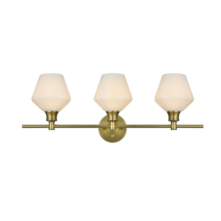 3 Light Satin Gold And Frosted White Glass Wall Sconce - View 3 - Joshua Marshal