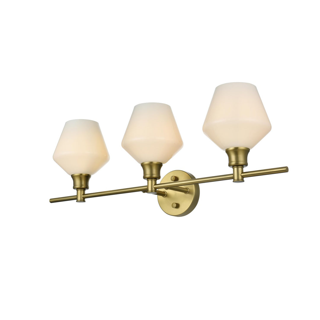 3 Light Satin Gold And Frosted White Glass Wall Sconce - View 4 - Joshua Marshal