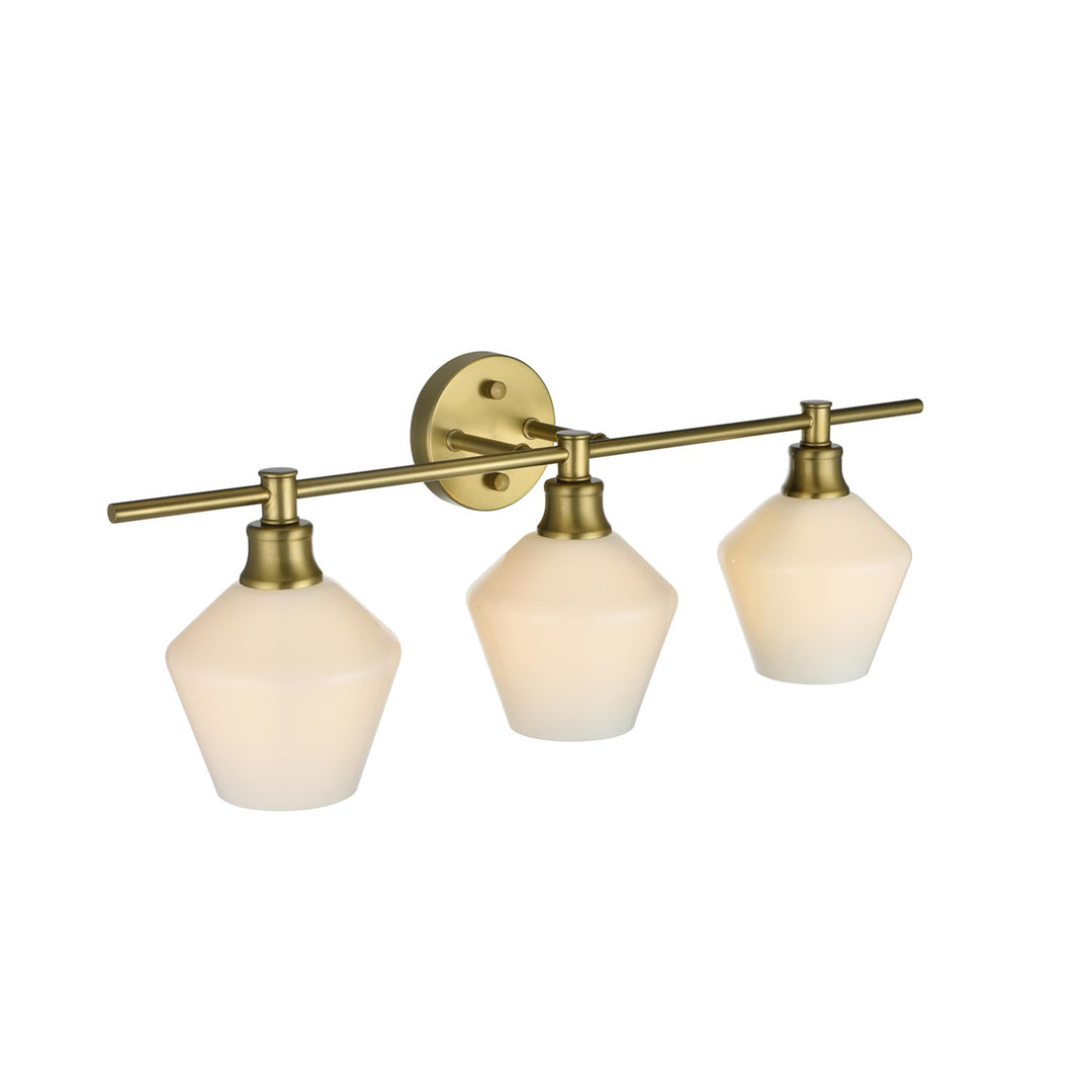 3 Light Satin Gold And Frosted White Glass Wall Sconce - View 5 - Joshua Marshal