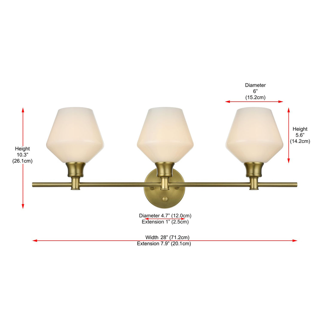 3 Light Satin Gold And Frosted White Glass Wall Sconce - View 6 - Joshua Marshal