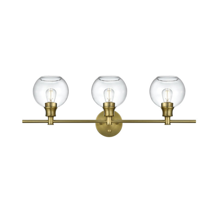 3 Light Satin Gold And Clear Glass Wall Sconce - View 3 - Joshua Marshal