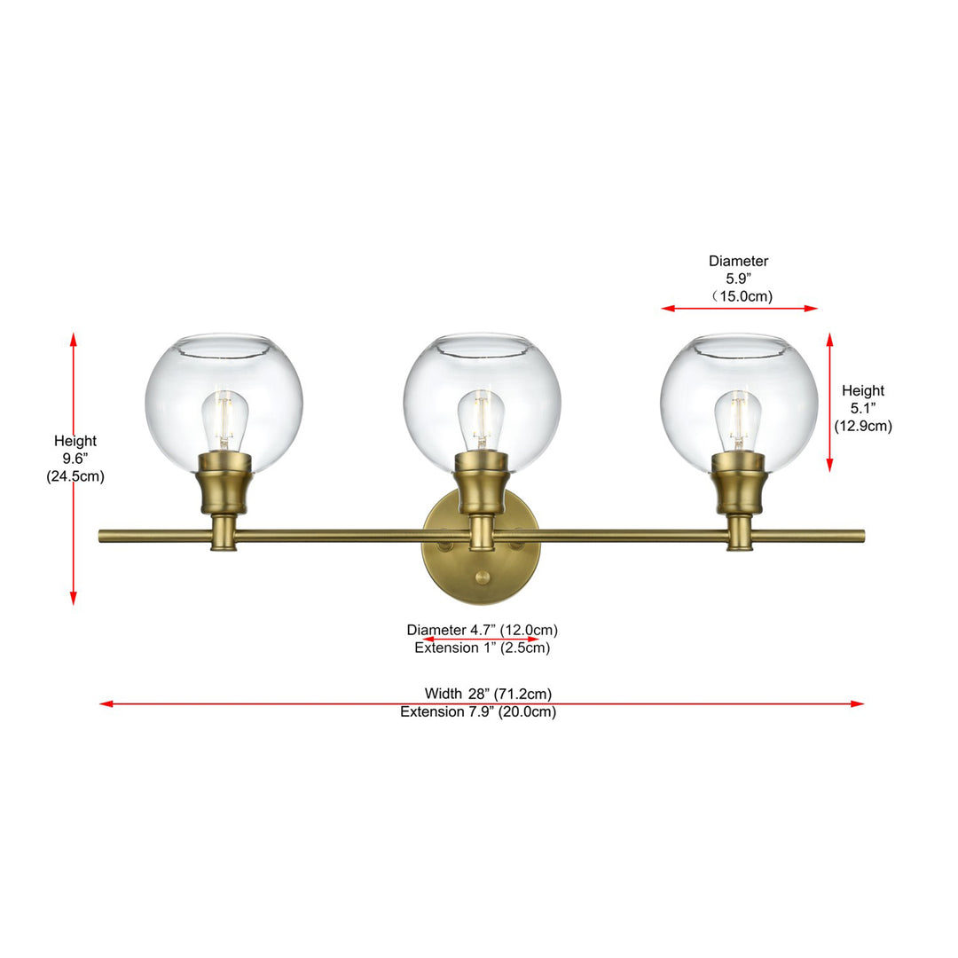 3 Light Satin Gold And Clear Glass Wall Sconce - View 6 - Joshua Marshal