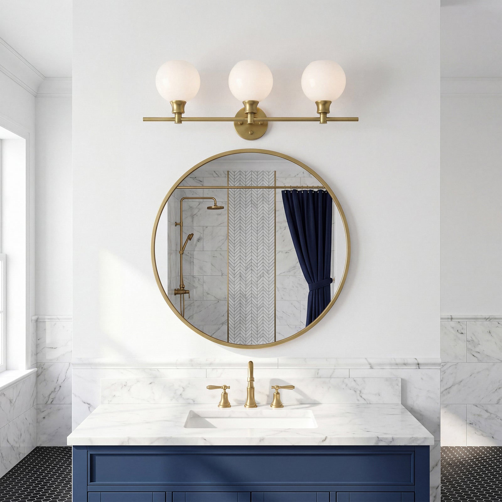 3 Light Satin Gold And Frosted White Glass Wall Sconce - View 2 - Joshua Marshal